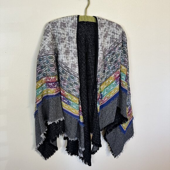 Bohemian Womens Poncho Multicolor Fringe Trim Open Front Shawl Wrap OS Tie Dye - Picture 2 of 5